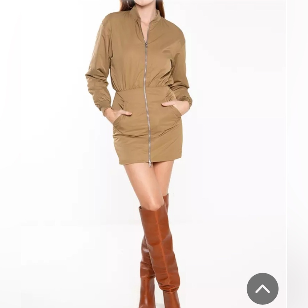 NWT Zara Padded Short Mini Bomber Dress Olive Green Full Zip Blogger Favorite SM